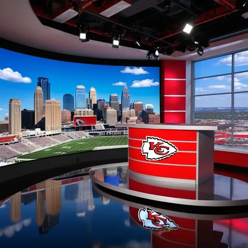 Prompt: Modern tv studio. Background is large window with kansas city in the background. Chiefs football red and white lighting
