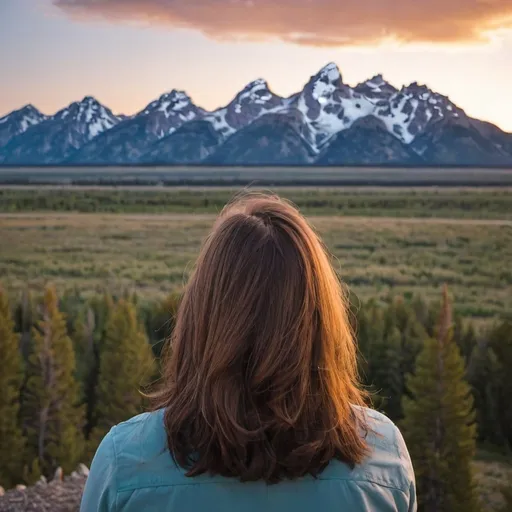 Prompt: View of back of head of woman looking over the Teton mountains in Wyoming, beautiful sunset.
