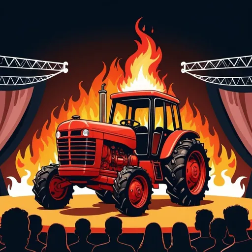 Prompt: flaming tractor on a stage festival illustration