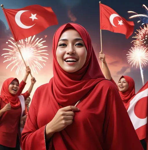 Prompt: Memeriahkan kemerdekaan Republik Indonesia hidup bendera merah putih berkibar di genggam oleh seorang wanita berhijab merah ouuti