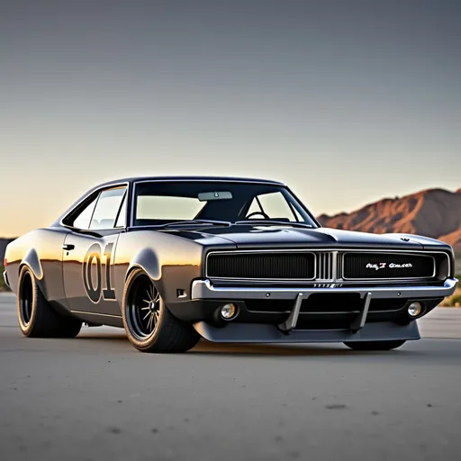 Prompt:  reimagined 1969 Dodge Charger General Lee featuring a seamless widebody design and an updated yet classic aesthetic. The car retains its signature orange paint, now enhanced with a high-gloss metallic finish that reflects sunlight dynamically. The iconic Confederate flag on the roof is prominently displayed with a modern touch—clean, vibrant lines and a slightly desaturated color palette to blend harmoniously with the car's updated styling. The roof is polished for clarity and integrated with flush-mounted glass windows, ensuring an uninterrupted view of the iconic flag.

The lowered stance accentuates the car's aggressive, track-ready look, with staggered 19-inch front and 20-inch rear deep-lip forged wheels in a polished chrome and matte black finish. The grille is updated with a gloss black honeycomb design, flanked by sleek LED headlights with horizontal DRLs. The hood features dual functional air vents, and the rear showcases smoked LED taillights integrated into a bold diffuser. The '01' door graphics are preserved, with the original font and layout, but reimagined in satin black for a sophisticated touch. The car is set against a rural two-lane road with rolling hills, capturing the spirit of the original General Lee.