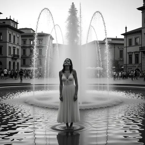 Prompt: A black and white photograph of a large empty square in Rome at dawn. There is a large marble fountain in the center of the square. Inside the fountain, under the jets of water, there is a European model dressed in white and completely wet. The model is having fun, she looks up her hands are under the water that bounces causing splashes.


--chaos
 30

--ar
 16:9

--style
 raw

--v
 6.1

--stylize
 650

--weird
 300

--personalize
 ec1bla9