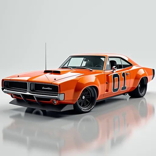 Prompt: A modernized 1969 Dodge Charger General Lee, designed with a fully integrated widebody kit and an aggressively lowered stance. The car sits on custom staggered deep-lip forged rims, with a polished chrome lip and matte black spokes, perfectly fitting the widened fenders. The iconic General Lee roof retains its signature design but is reimagined in a sleek black-and-silver pattern with clean, minimalist lines for a contemporary aesthetic. The body features a metallic orange pearlescent paint that reflects light dynamically, accented by satin black '01' graphics on the doors.

The roofline and rear window are subtly lowered and blended with flush-mounted glass for a seamless, aerodynamic profile. The hood is upgraded with dual functional air vents, while the front grille showcases a honeycomb pattern in gloss black, flanked by slim LED headlights with DRL accents. The rear features a continuous smoked LED taillight bar integrated into a custom rear diffuser. The car’s lowered air-suspension stance gives it a track-ready look, while the deep-lip rims and staggered tires emphasize its muscular profile. The interior boasts premium black leather and suede with orange stitching, retro-modern gauges, and an infotainment system that respects the car's heritage