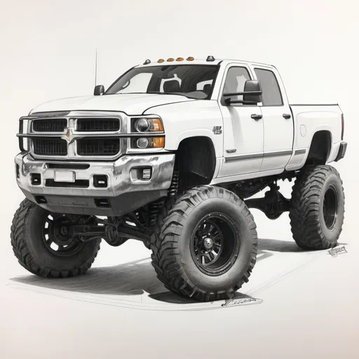 Prompt: pencil sketch, white background, 6.7 cummins, lifted, big tires