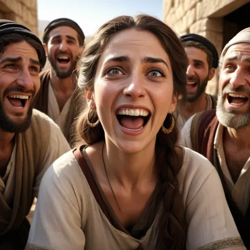 Prompt: Photorealistic image of a Hebrew woman, animated excited expression, laughing, sharing news with skeptical men, detailed facial expressions, biblical scene, high quality, photorealism, historical, detailed clothing, emotional storytelling, realistic lighting, dramatic shadows, skeptical men, detailed surroundings, professional artistry, 