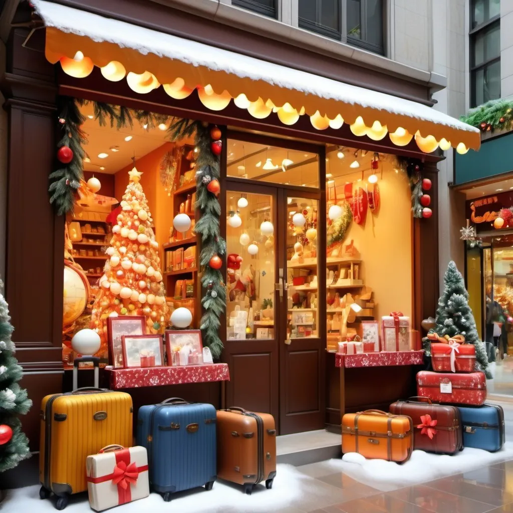 Prompt: (festive season theme), cheerful ambiance, warm colors, decorations and ornaments, cozy atmosphere, travel-related elements such as globes and suitcases, sparkling lights, welcoming shop front, high quality, ultra-detailed, inviting scenery, hints of winter decorations, holiday spirit and joy, ideal for a travel shop's well-wishing message.