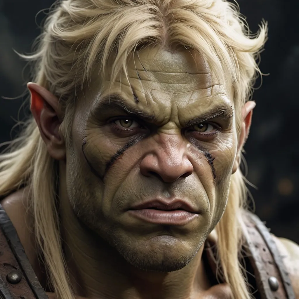 Prompt: figure d'un orc en gros plan avec des cheveux blonds), dramatic lighting, dark and moody atmosphere, highly detailed facial features, sharp and fierce expression, intricate textures and markings, captivating focus on the face and hair, muted colors with an emphasis on blond hair tones, dim and shadowy background, masterful use of light and shadow, ultra-detailed, 4K quality, photorealistic.