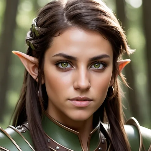 Prompt: A headshot of a female wood elf fighter with tan skin tone, long dark brown hair, angular facial features, green and brown eyes, studded armor, no tattoos, and no headdress