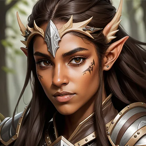 Prompt: A headshot of a wood elf fighter with caramel skin tone, long dark brown hair, and studded armor
