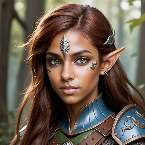 Prompt: A headshot of a female wood elf fighter with caramel skin tone, long thick wavy dark auburn hair, long straight nose, green and brown eyes, blue studded armor, no tattoos, and no headdress