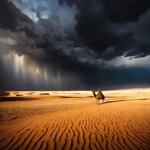 Prompt: Rainy desert scene, camel riding experience, Arabic men in traditional attire, sand dunes covered in rain, wet camel fur with raindrops, dramatic sky with thunderstorm, high quality, realistic, naturalistic, desert landscape, wet camel fur, Arabic culture, traditional attire, stormy weather, atmospheric lighting