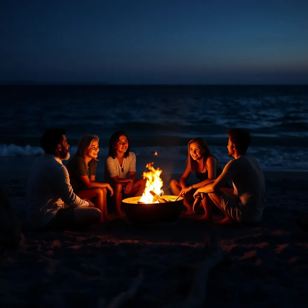 Prompt: make a friends group photo they are sitting at the beach at night time around campfire and they have looking at the sea make them scared