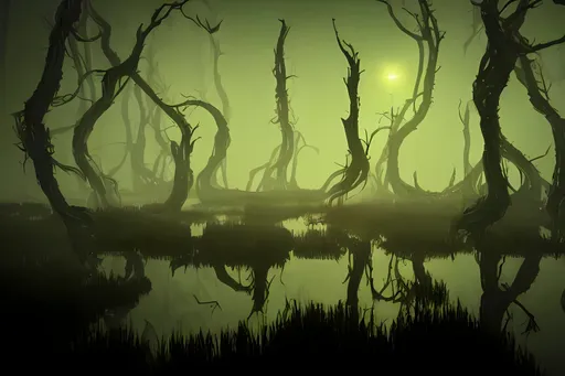 Prompt: dramatic render of dark alien swamp at night, accurate ray tracing, glowing watery lake, mysterious fog, glowing particles, twisted withering vines, glowing fungi, sharp spiky rocks, detailed, vibrant