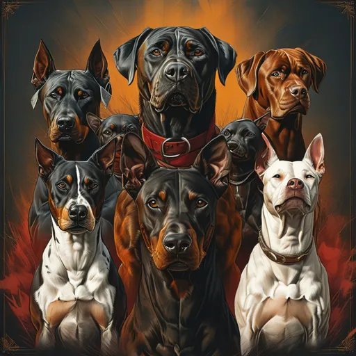 Prompt: Create an album cover with fierce breeds of dogs for an album called Underdogs, Vol. 1 not friendly looking ones put bulldogs, Dobermans, pitbulls and huskies