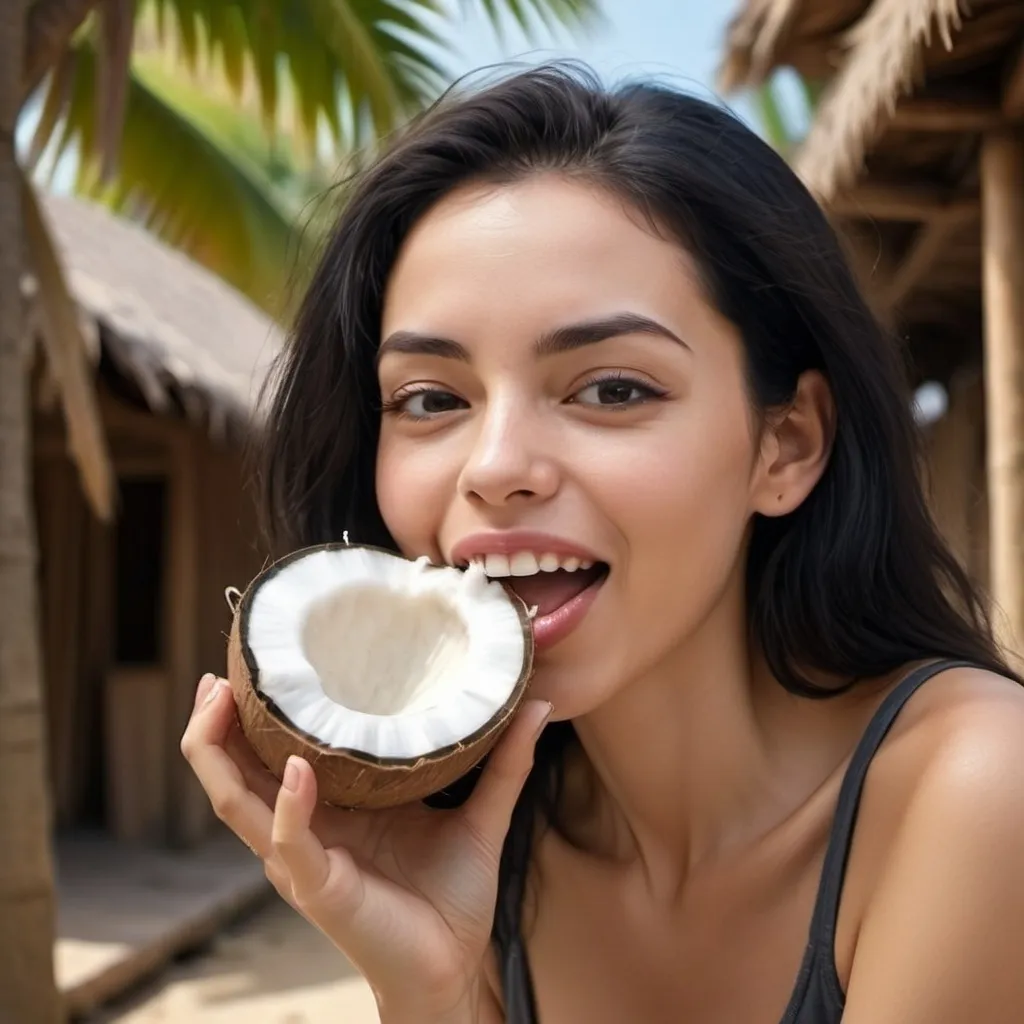 Prompt: (realism style), woman with black hair eating coconut, , serene ambiance,  expressive features,background, high-quality rendering mfocus on enjoyment and tranquility.