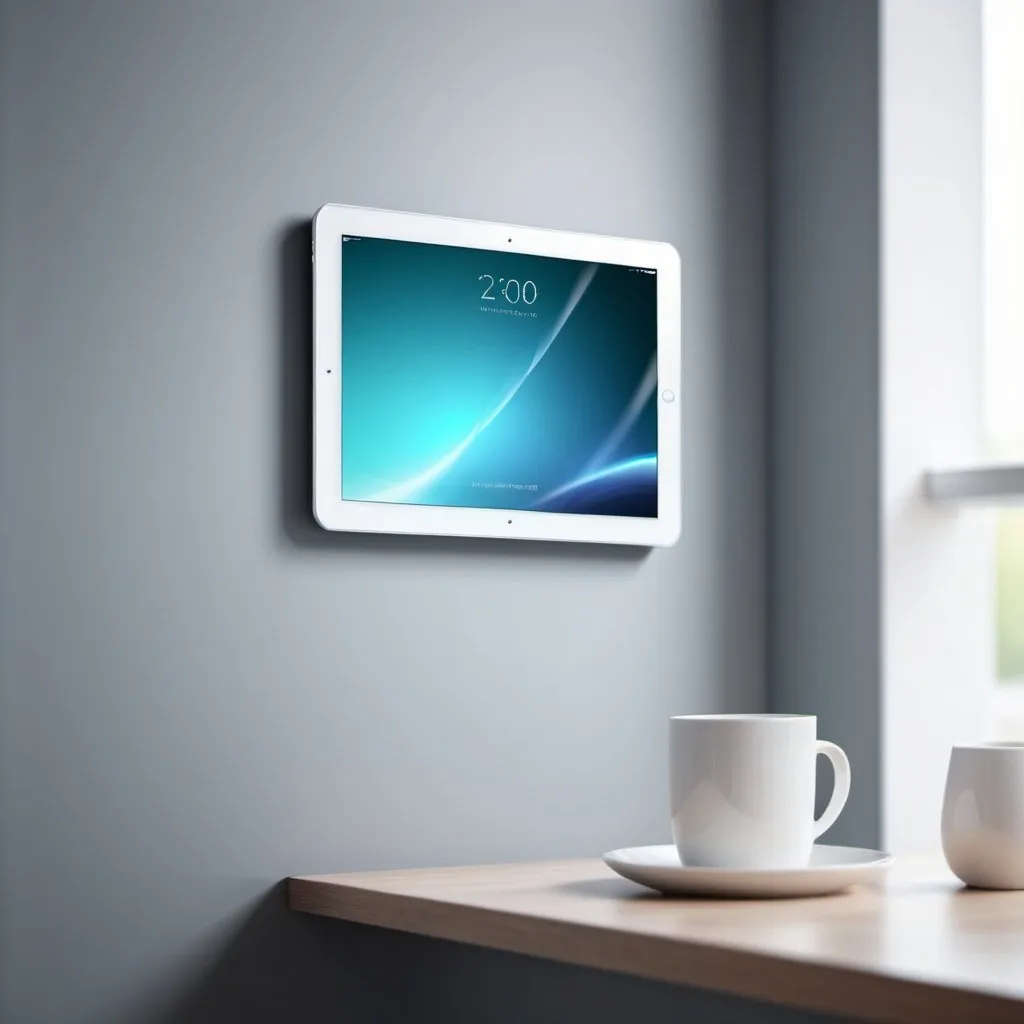 Prompt: Floating tablet on a modern interior wall, photorealistic, minimalistic design, smart home, wireless, high-res, sleek and clean, futuristic, background blured