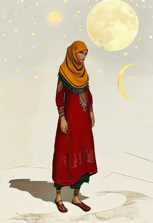 Prompt: Nabatian traditional costume brunette with half-covered head, long sleeves and long dress in the colors of red, mustard and green, made of linen fabric. On her feet are sandals with thin straps. In the background  The night is illuminated by the moon and stars.