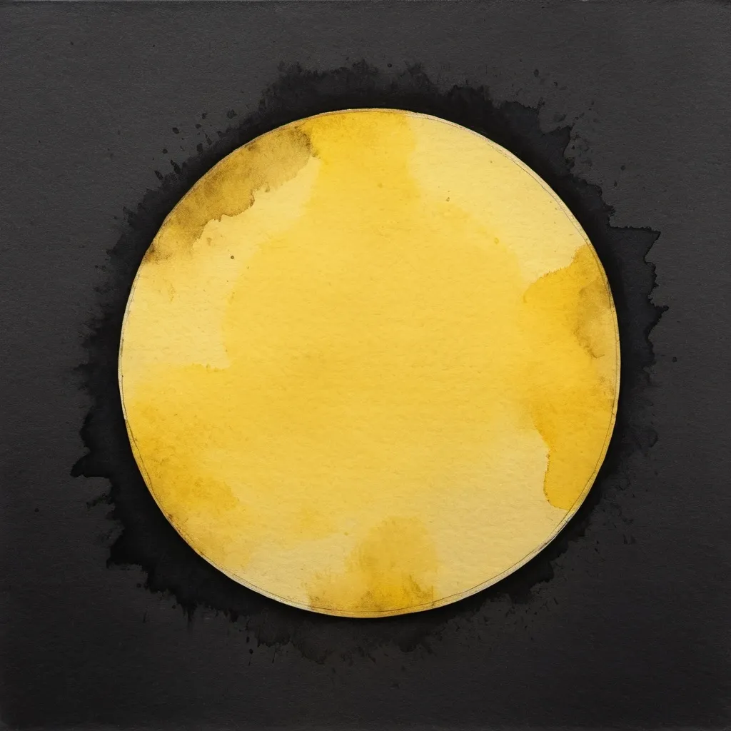 Prompt: Pencil drawing with faded watercolour. Dark. abstract image of a bright yellow circle on dark background with markings that may look like those on a coin. Image should have a vintage feel