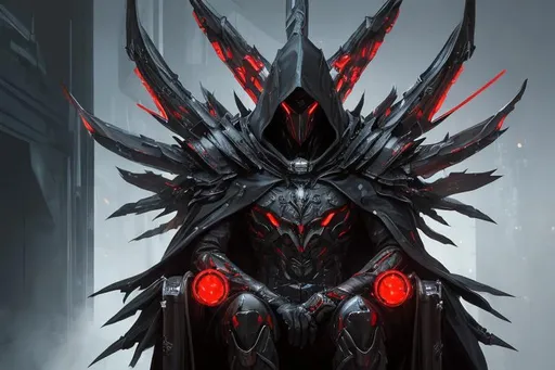 Prompt: An abnormally tall and lanky humanoid hunched over in nanotech armor with spines and metal protrusions. He has a black cape and is sitting ominously on a floating mechanical chair. His face is covered with a metal mask with beady glowing red eyes under a black hood. behance HD