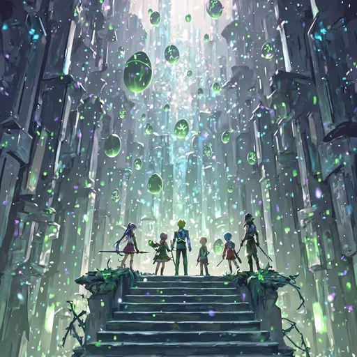 Prompt: “Original anime-style Easter-themed scene, group of fantasy anime characters (young adventurers with distinct outfits and weapons), standing inside an ancient floating temple made of crystal and stone, surrounded by levitating magical Easter eggs and glowing green symbols, the architecture is mystical with floating stairs, enchanted columns, and ethereal light sources, subtle green accents on their gear, dramatic fantasy atmosphere, high detail, vibrant colors, card game illustration style, no copyrighted characters”