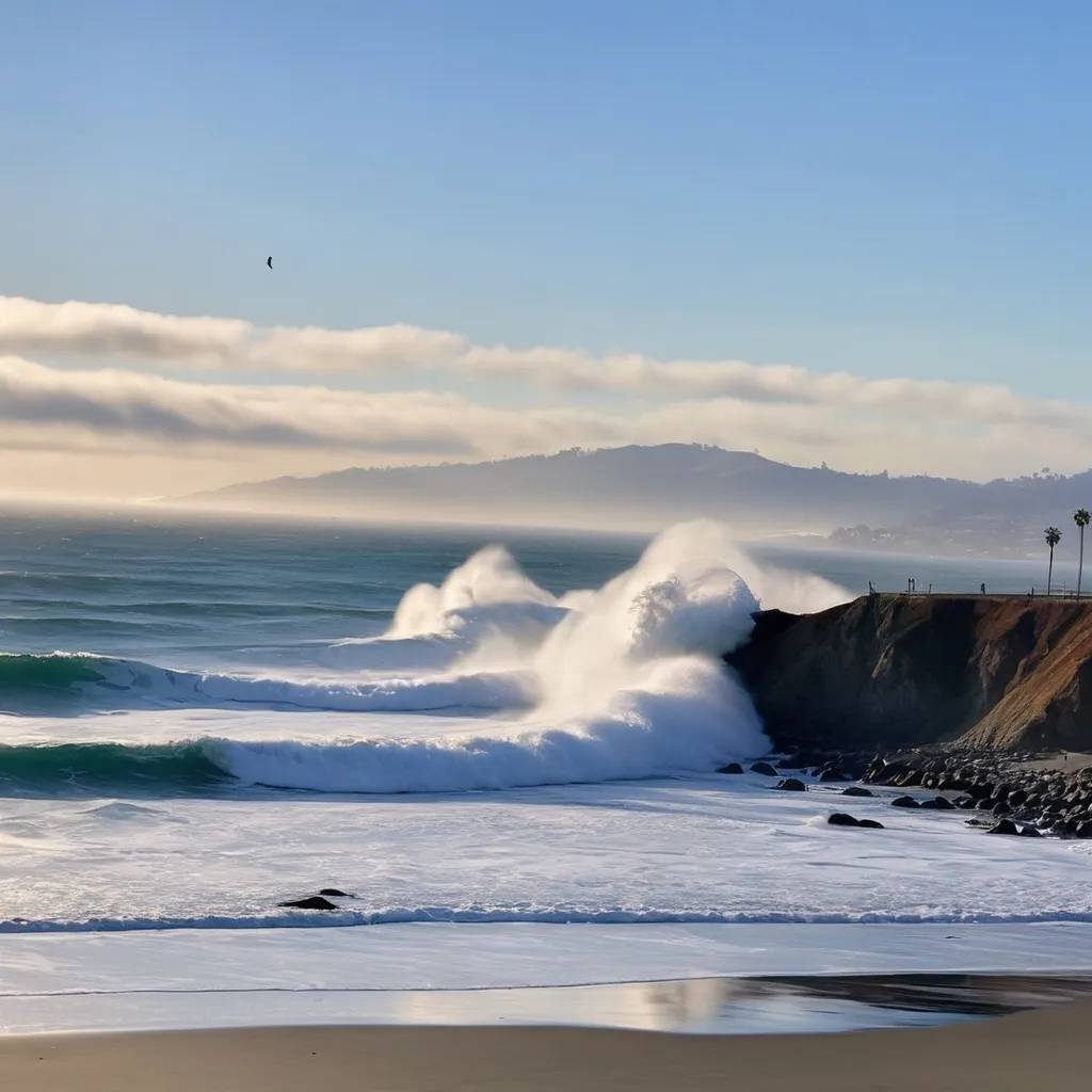 Prompt: The state of California getting up off the ground and walking off into the pacific ocean