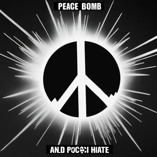 Prompt: Title of song is "PEACE BOMB" - written & produced by, Glenn Andrew Walsh, It's a song about blowing up the workd with a bomb of Peace, a bomb with shrapnal of love, A weapon of mass destruction of all hate, A weapon of mass construction of love. Although the song is 100% poisitive, it has a darl/errie vibe to it. So, I'd like the cover to reflect both the positive and the eerie.