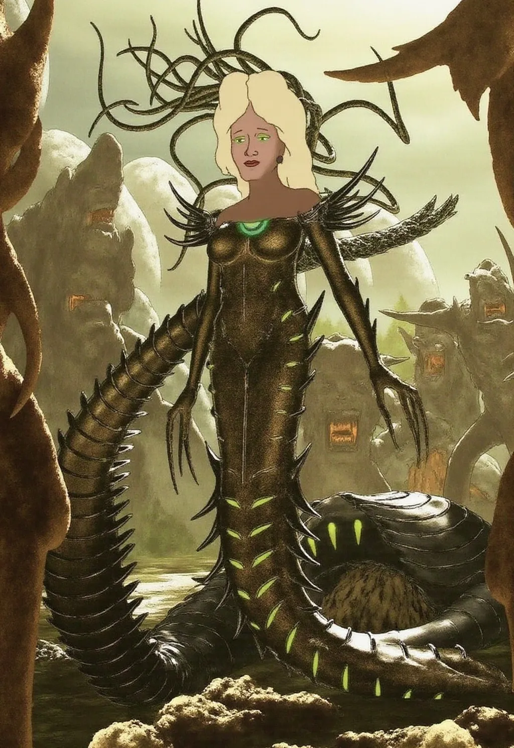 Prompt: a woman with a weird hair standing in a forest with many  monsters around her, mechanical cyber snake like legs, with big blonde hair, , altermodern, magic the gathering artwork, concept art