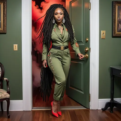 Prompt: An African American woman with long neat,black colored dreadlocks, breaks through theluxury home door, wearing a army green paintersuite and Diamond encrusted stilettos. The background is an image of charlotte,nc, southern girl with red, white and black smoke vivid colors hyper realistic.