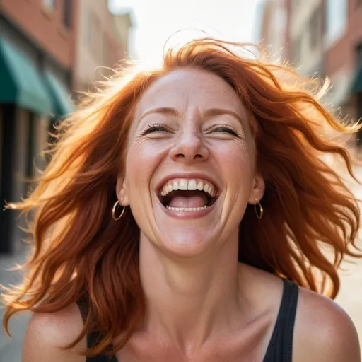 Prompt: Don't mess with a 5 foot tall mid-thirty redhair women in a public place, cause she has no time for bullshit. She will laugh cause she is happy, powerfull and don't care.