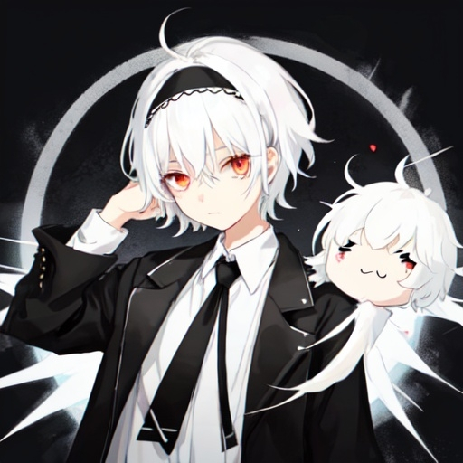 Prompt: 
cute white hair short has a cute black  head band and is wearing a black jacket headless

