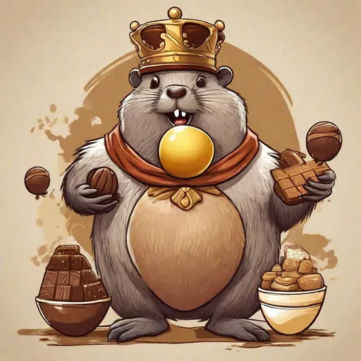 Prompt: cartoon beaver empress ruler of all holding a chocolate, golden egg