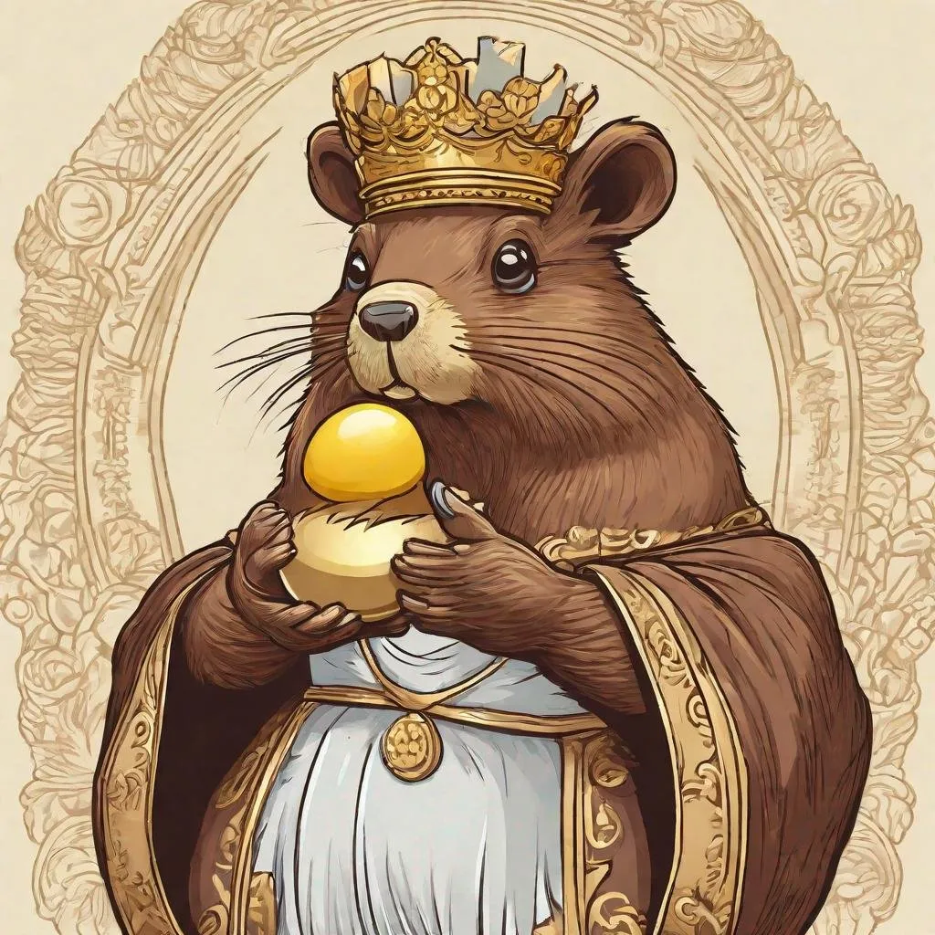 Prompt: cartoon beaver empress ruler of all holding a chocolate, golden egg