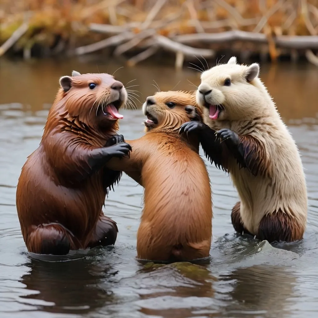 Prompt: 5 Beavers fighting with an alpaca 