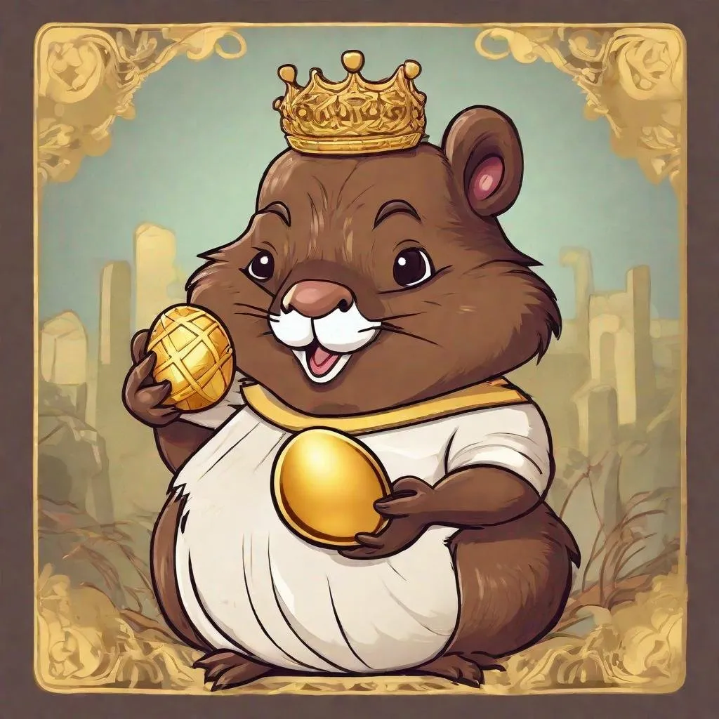 Prompt: cartoon beaver empress ruler of all holding a chocolate, golden egg