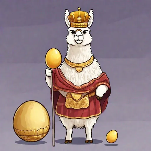 Prompt: cartoon alpaca emperor ruler of all carrying a golden egg