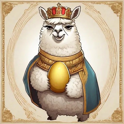 Prompt: cartoon alpaca emperor ruler of all carrying a golden egg