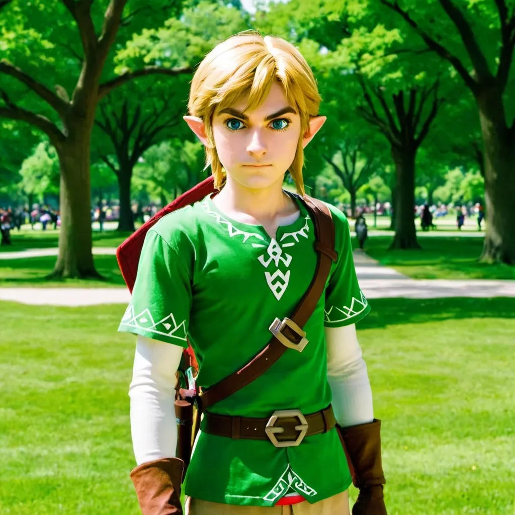 Prompt: Link from from Zelda in a park
