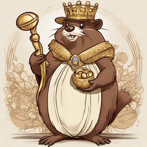 Prompt: cartoon beaver empress ruler of all holding a chocolate, golden egg