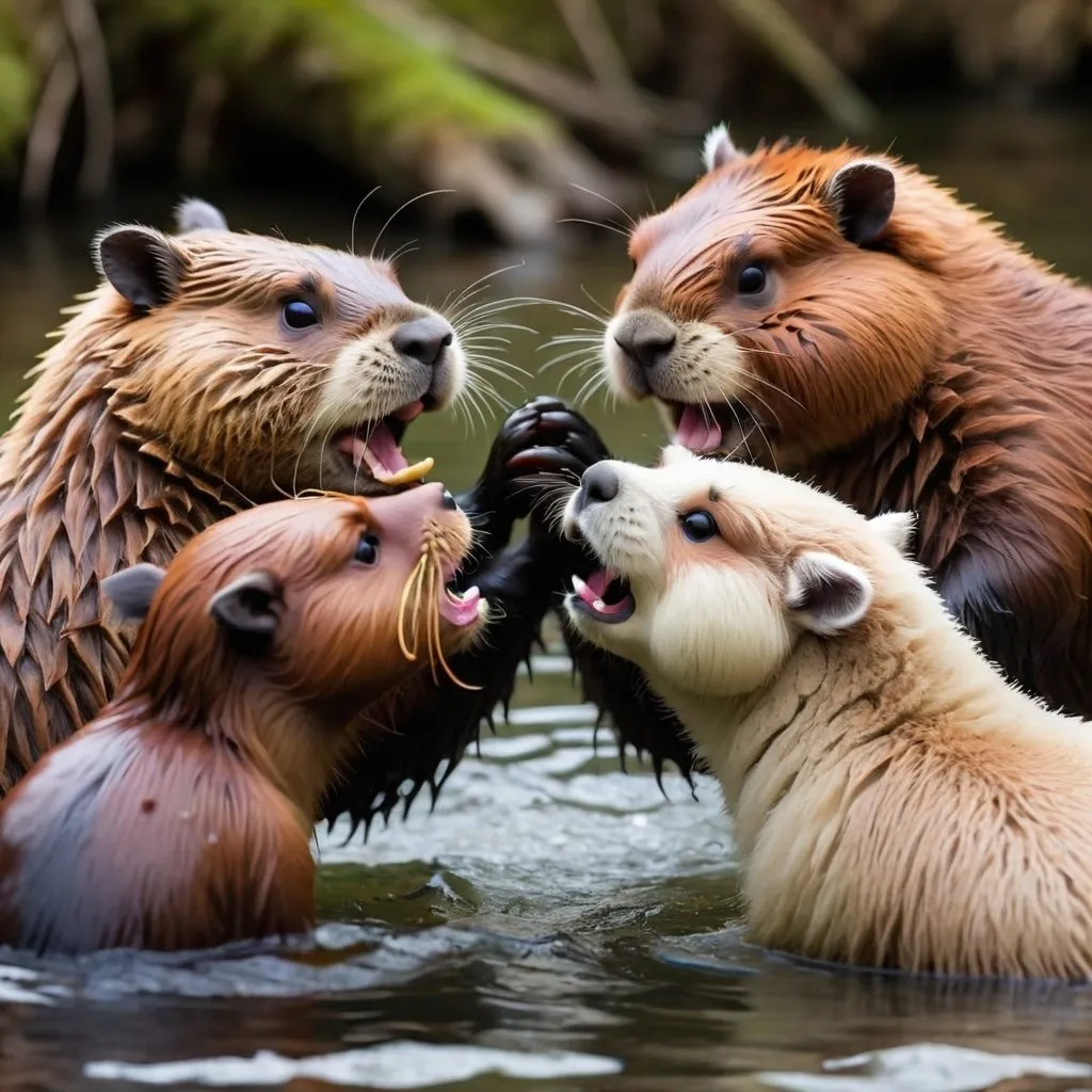 Prompt: 5 Beavers fighting with an alpaca 