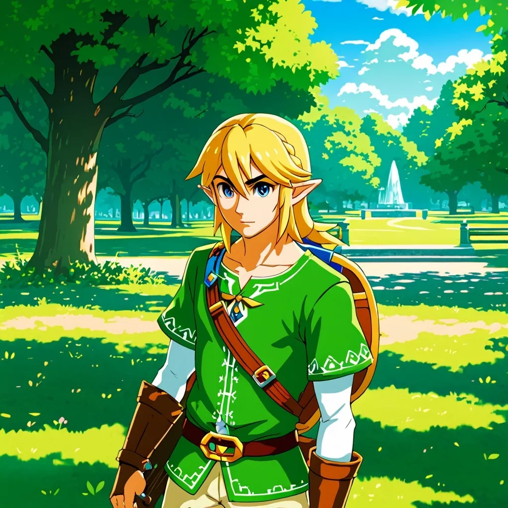 Prompt: Link from Zelda in a park 