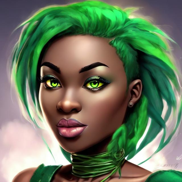 Prompt: HD wallpaper of African women with green hair 