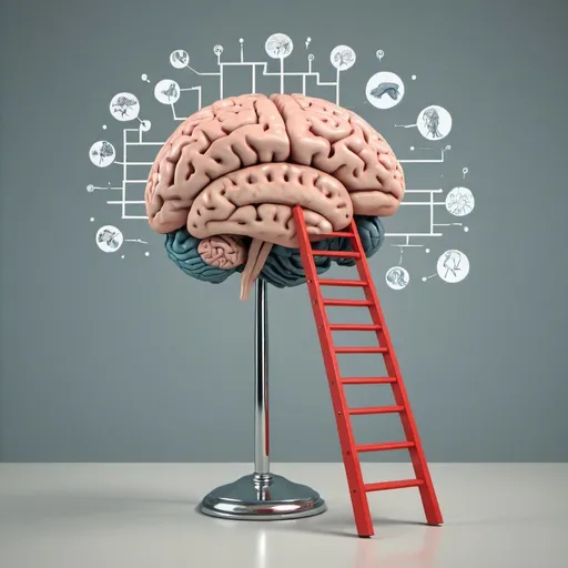 Prompt: A brain with a ladder and connected to other brains all infront of a mirror