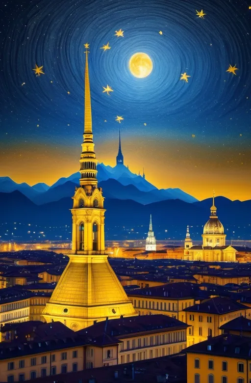 Prompt: A dreamscape with starry night with mole antonelliana and turin skyline  in gold an blu