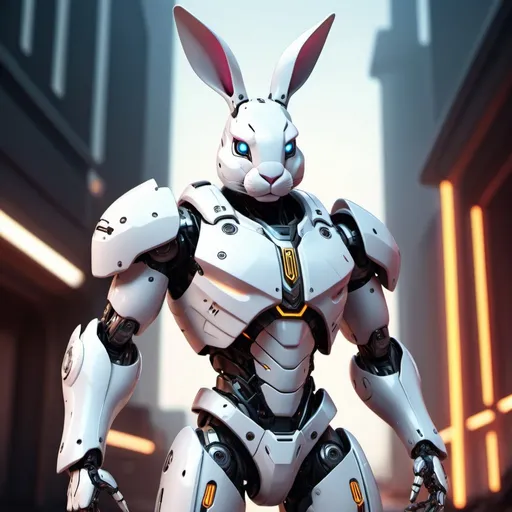 Prompt: Robot white bunny warrior with AYW flag