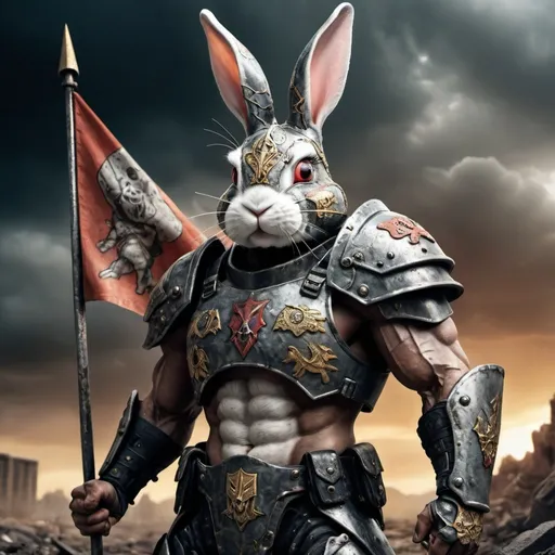 Prompt: Macho white amoured bunny with a  flag Apocalypse Warriors