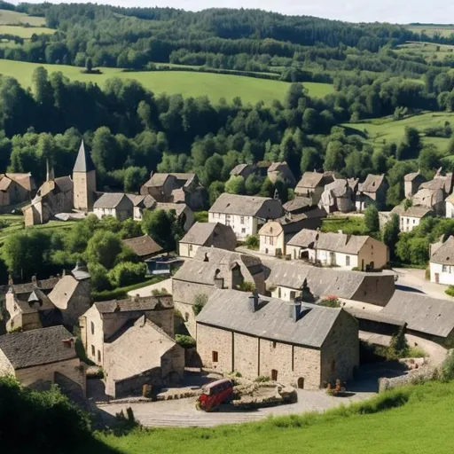 Prompt: A medieval town in the woods and forest with stone buildings under construction and farmers in the fields