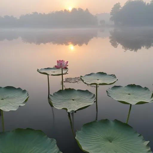 Prompt: in foggy morning, new bron bady on the lotus flower in the lake. Baby have divine lights