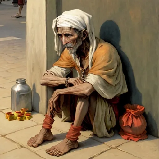 Prompt: the beggar is begging for alms