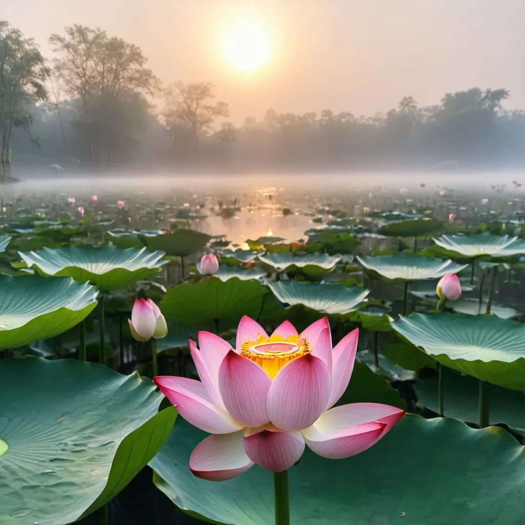 Prompt: in foggy morning, new bron bady on the lotus flower in the lake. Baby have divine lights