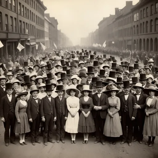 Prompt: make a picture in the 1900's with lots of people happy for celebration of their independent country (NO FLAG) and lots of hats on the air